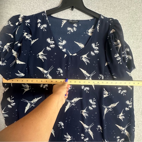 Como Black Hummingbird Blouse Plus 3X Navy White 3/4 Bishop Sleeve Flowy Sheer - Picture 6 of 11